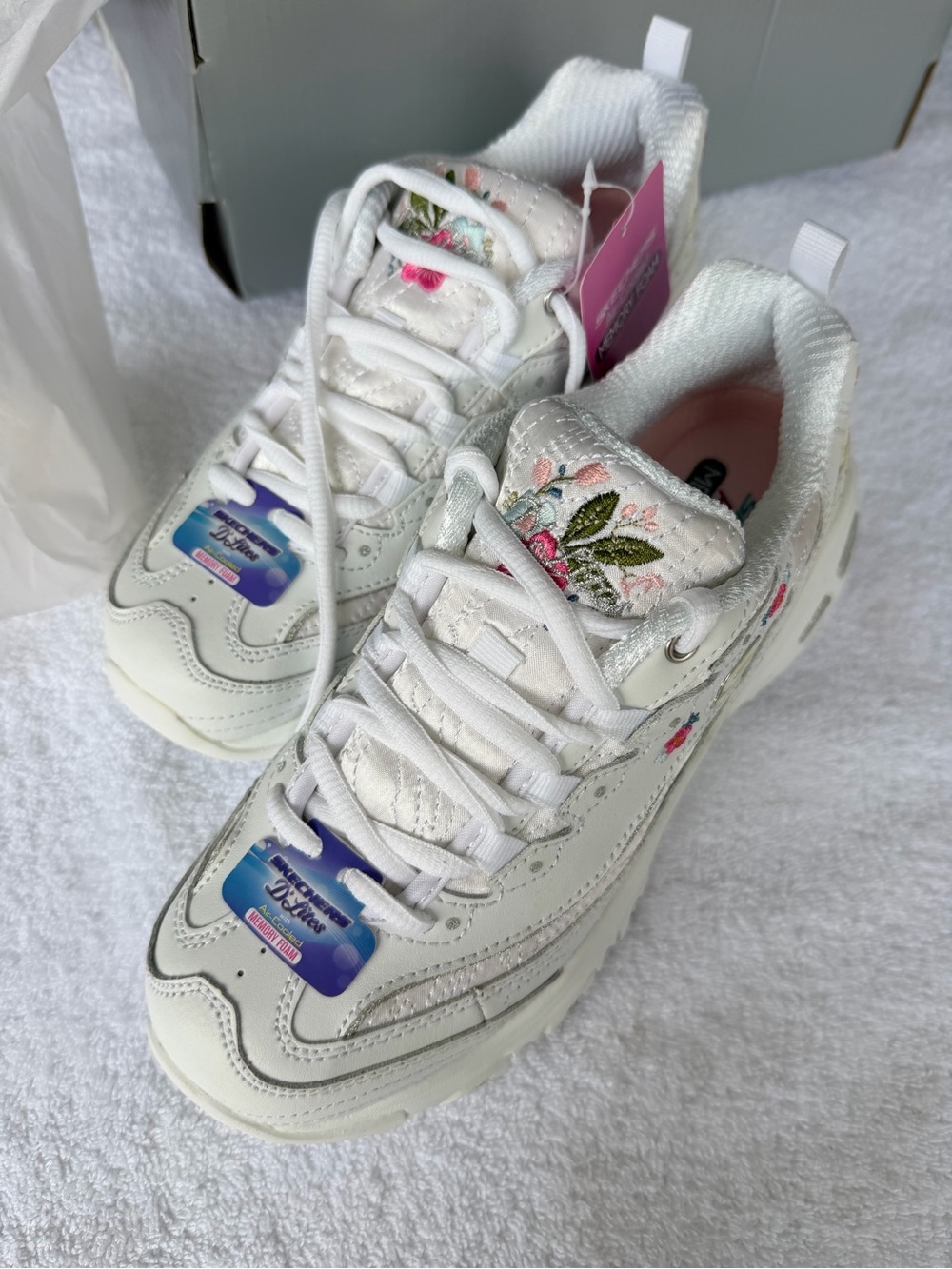 Skechers White Sneakers with Pink & Green Floral Embroidery